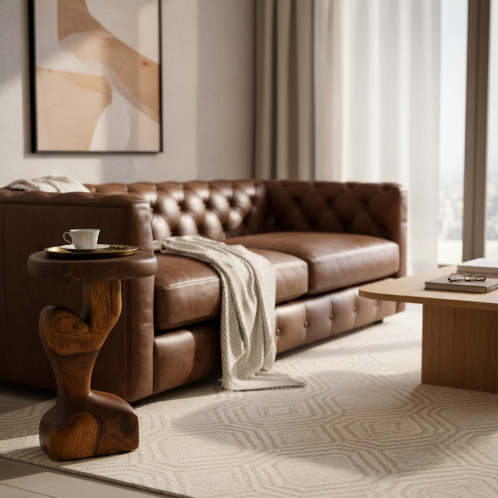 Sculpted Teak Wood Side Table - Handcrafted Organic Accent Pedestal