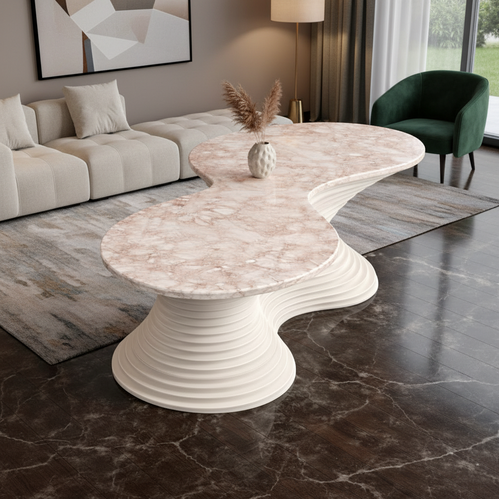 Fluid Sculpt Marble Coffee Table - Seamless Form in White & Blush Vein Stone