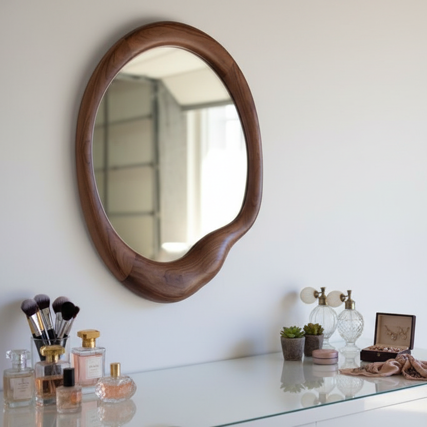 Pebble Curve Walnut Mirror - Handcrafted Organic Solid Wood Wall Mirror
