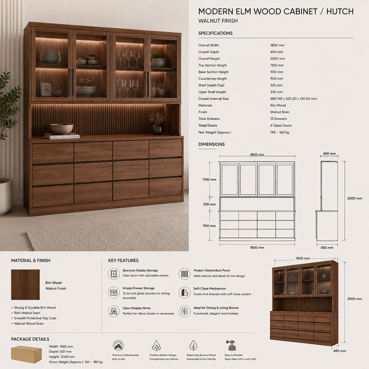 Veyra Elm/Ash Display Hutch in Walnut Finish