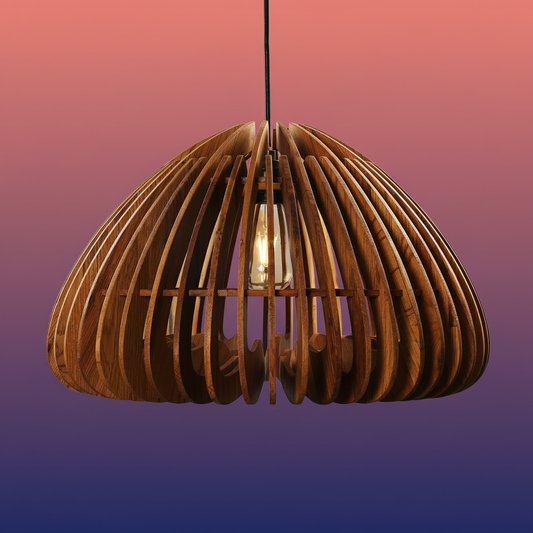 Rounded Ribbed Wooden Pendant Light