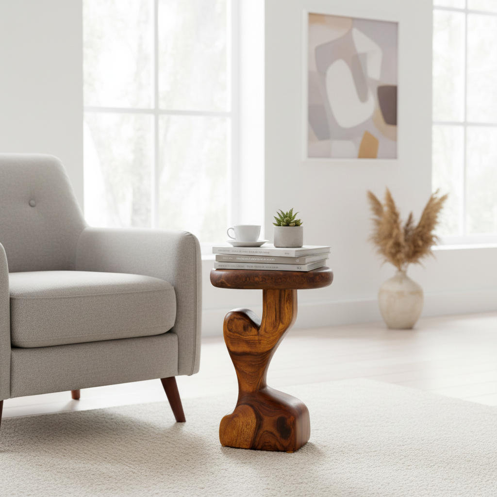 Sculpted Teak Wood Side Table - Handcrafted Organic Accent Pedestal