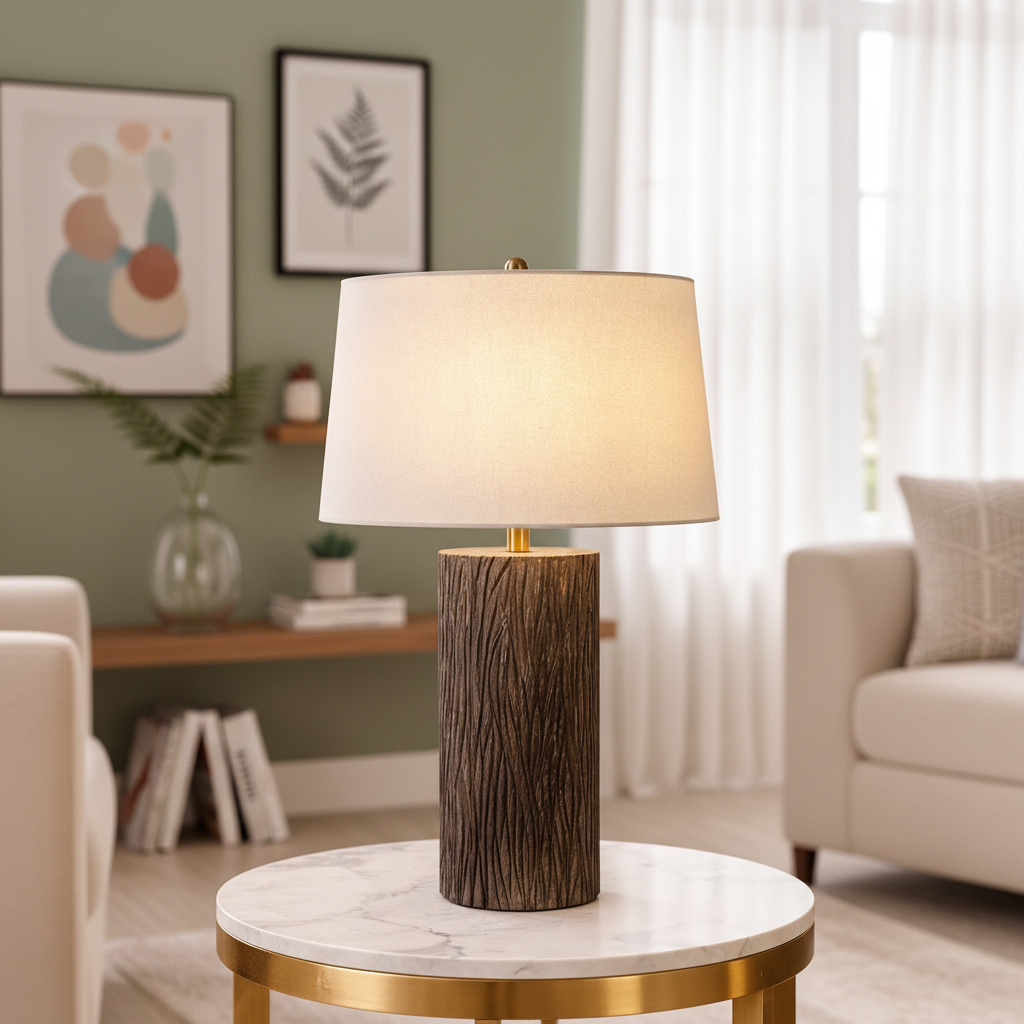 Barkline Column Table Lamp - Hand-Carved Solid Wood Statement Light