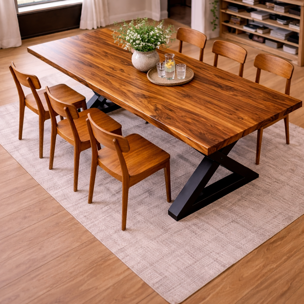 Cross-Trestle Solid Teak Wood Dining Table