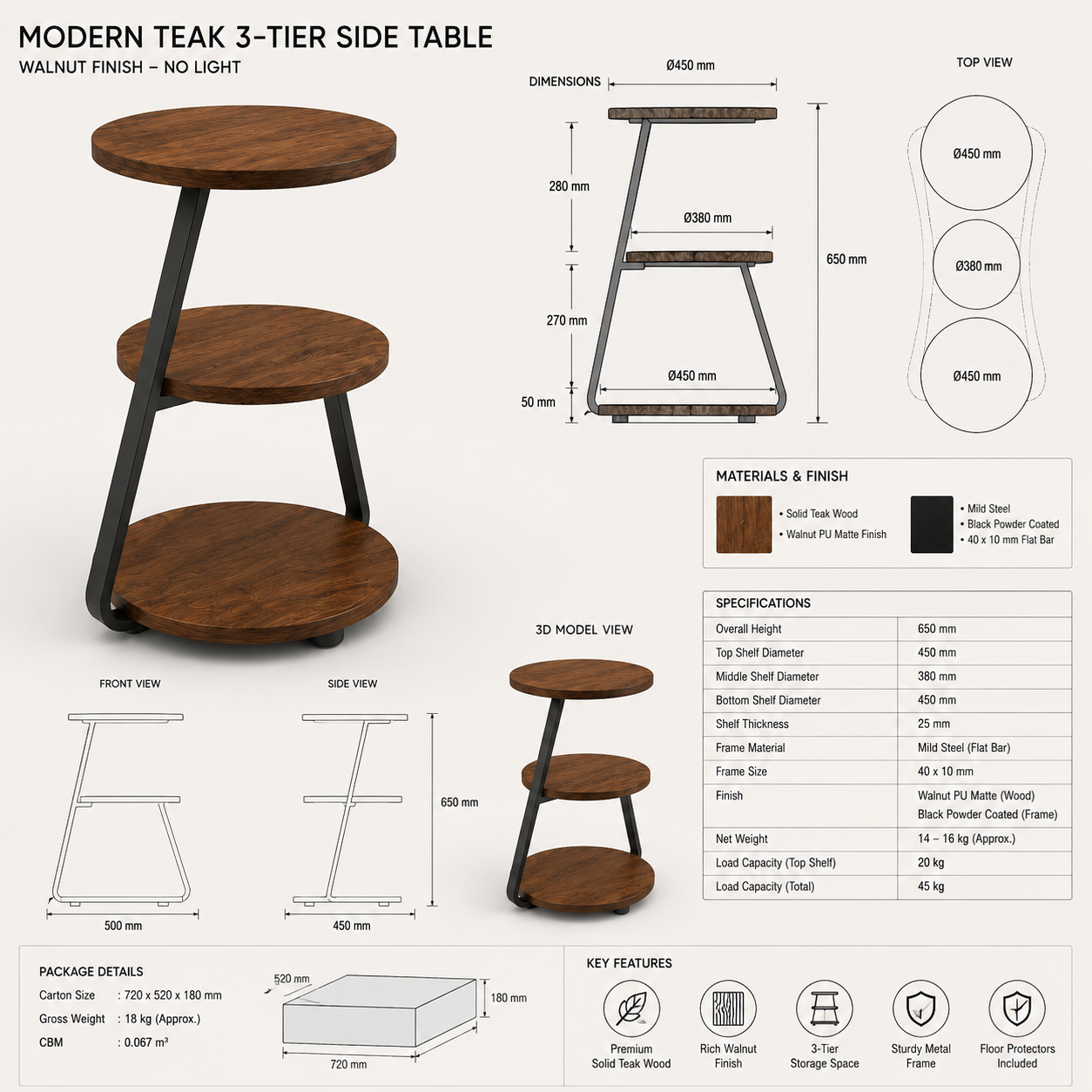 Modern Teak Wood 3-Tier Side Table