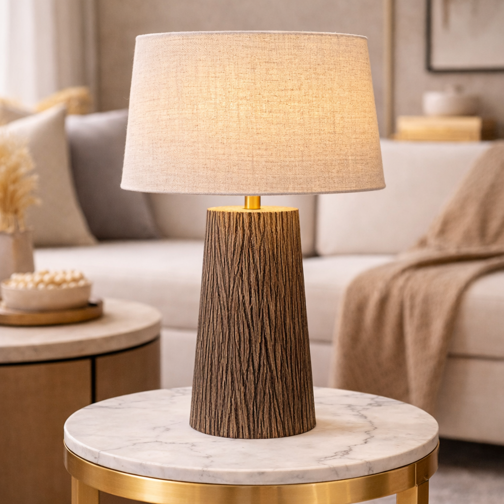 Timberline Table Lamp - Hand-Carved Solid Wood Base with Linen Shade