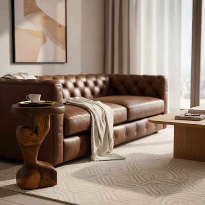 Sculpted Teak Wood Side Table - Handcrafted Organic Accent Pedestal