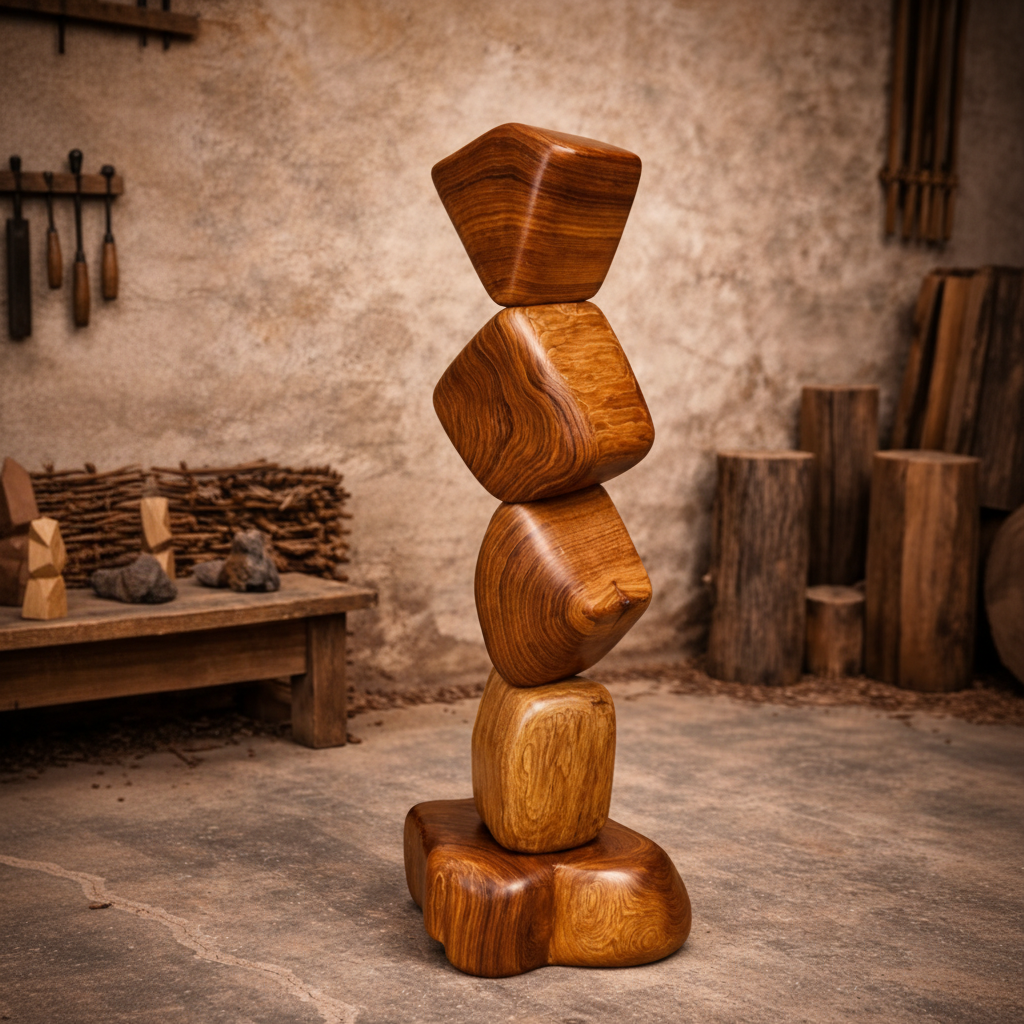 Vertical Harmony - Handcrafted Teak Wood Sculpture