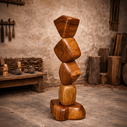 Vertical Harmony - Handcrafted Teak Wood Sculpture