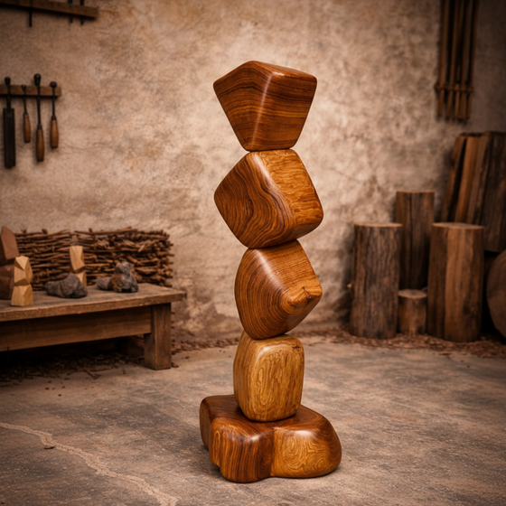Vertical Harmony - Handcrafted Teak Wood Sculpture