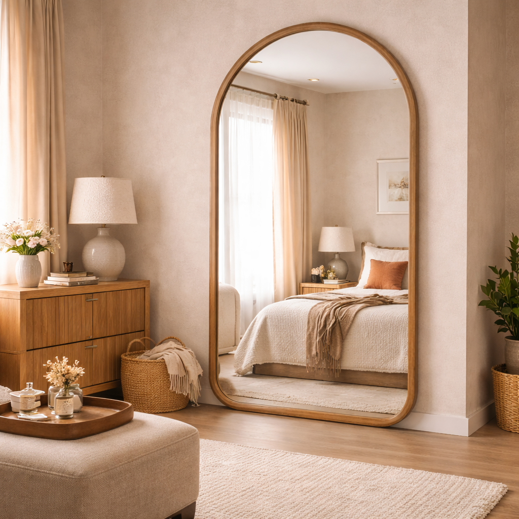 Arched Oak Floor Mirror