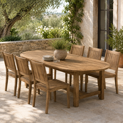 The Arlo Oval Reclaimed Teak Outdoor Dining Set