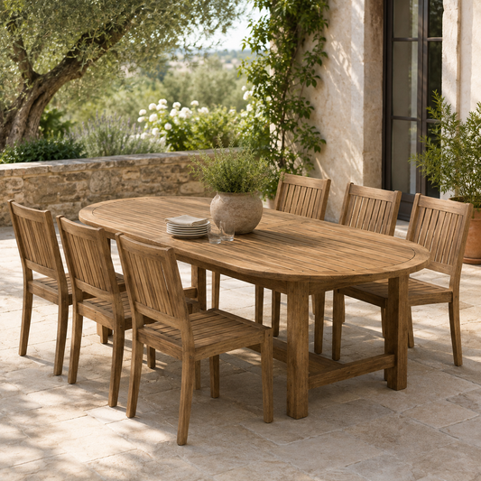 The Arlo Oval Reclaimed Teak Outdoor Dining Set