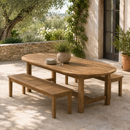 The Arlo Oval Reclaimed Teak Outdoor Dining Set