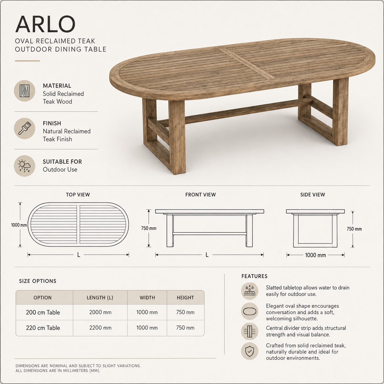 The Arlo Oval Reclaimed Teak Outdoor Dining Set
