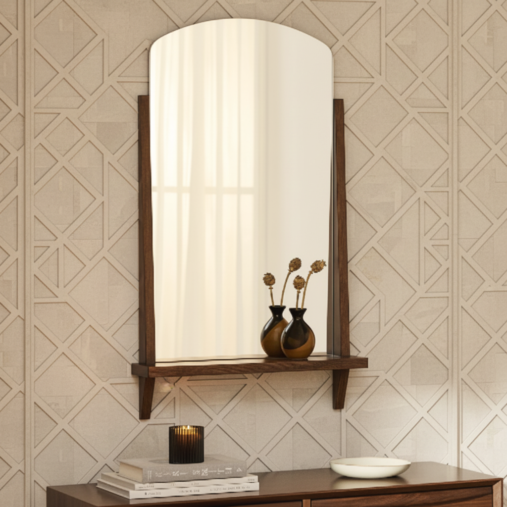 Arched Walnut Shelf Mirror
