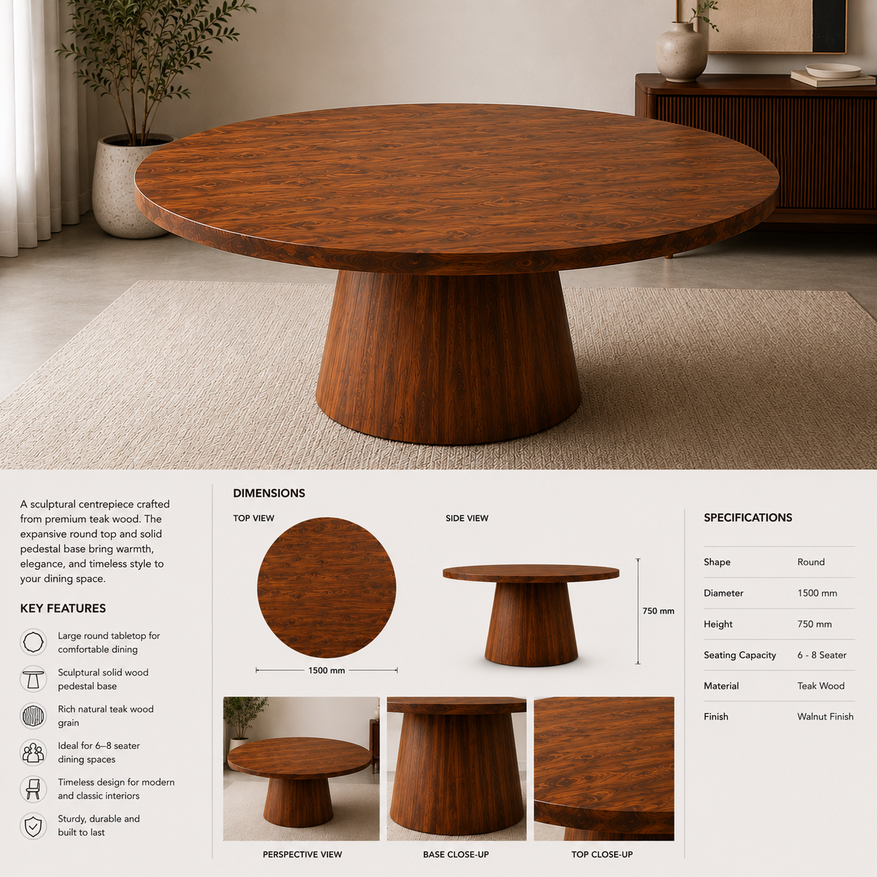 Wooden dining table with specifications and features displayed below.