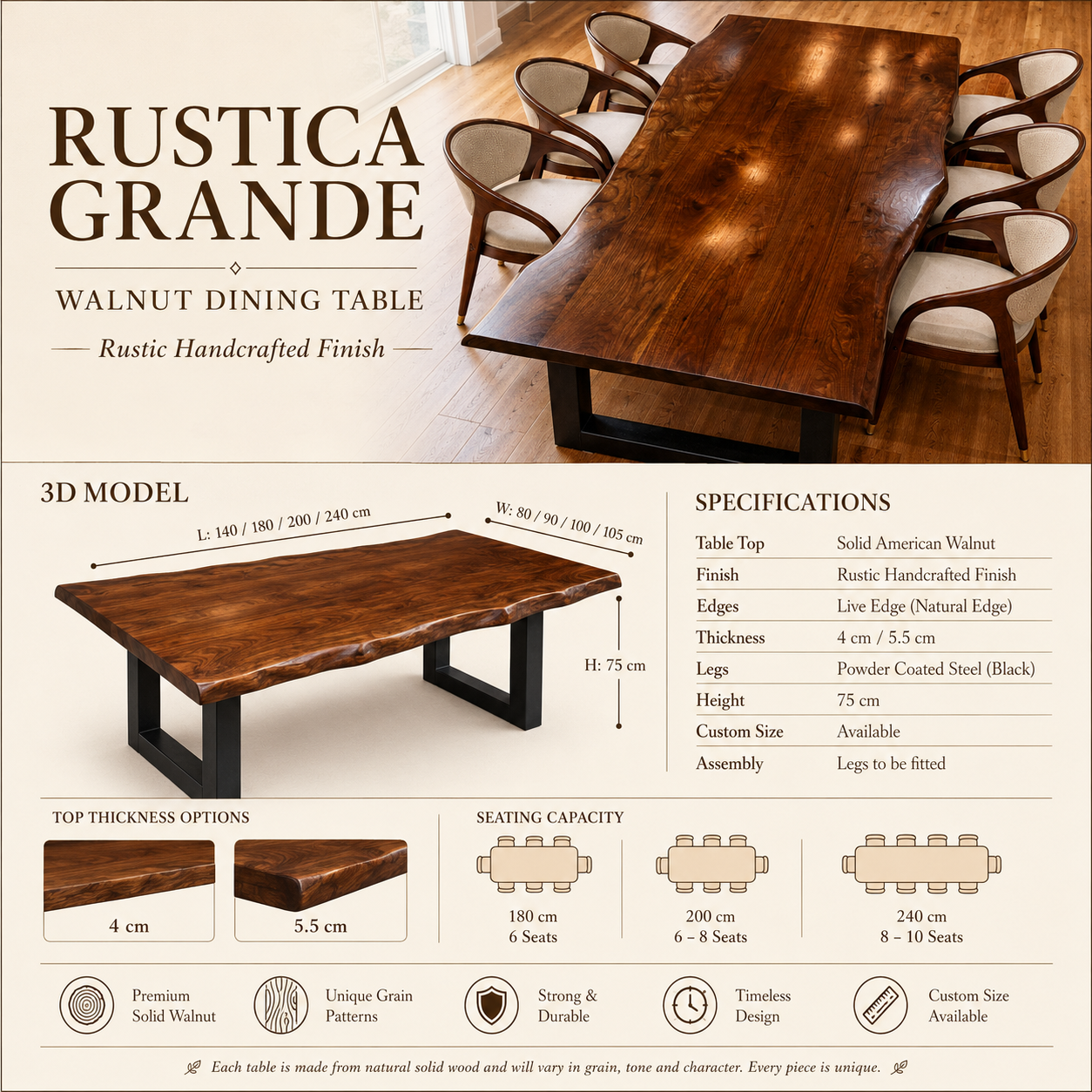 Rustica Grande Walnut Dining Table - Handcrafted Solid Wood