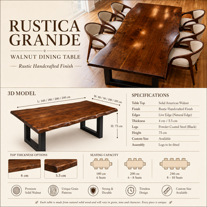 Rustica Grande Walnut Dining Table - Handcrafted Solid Wood