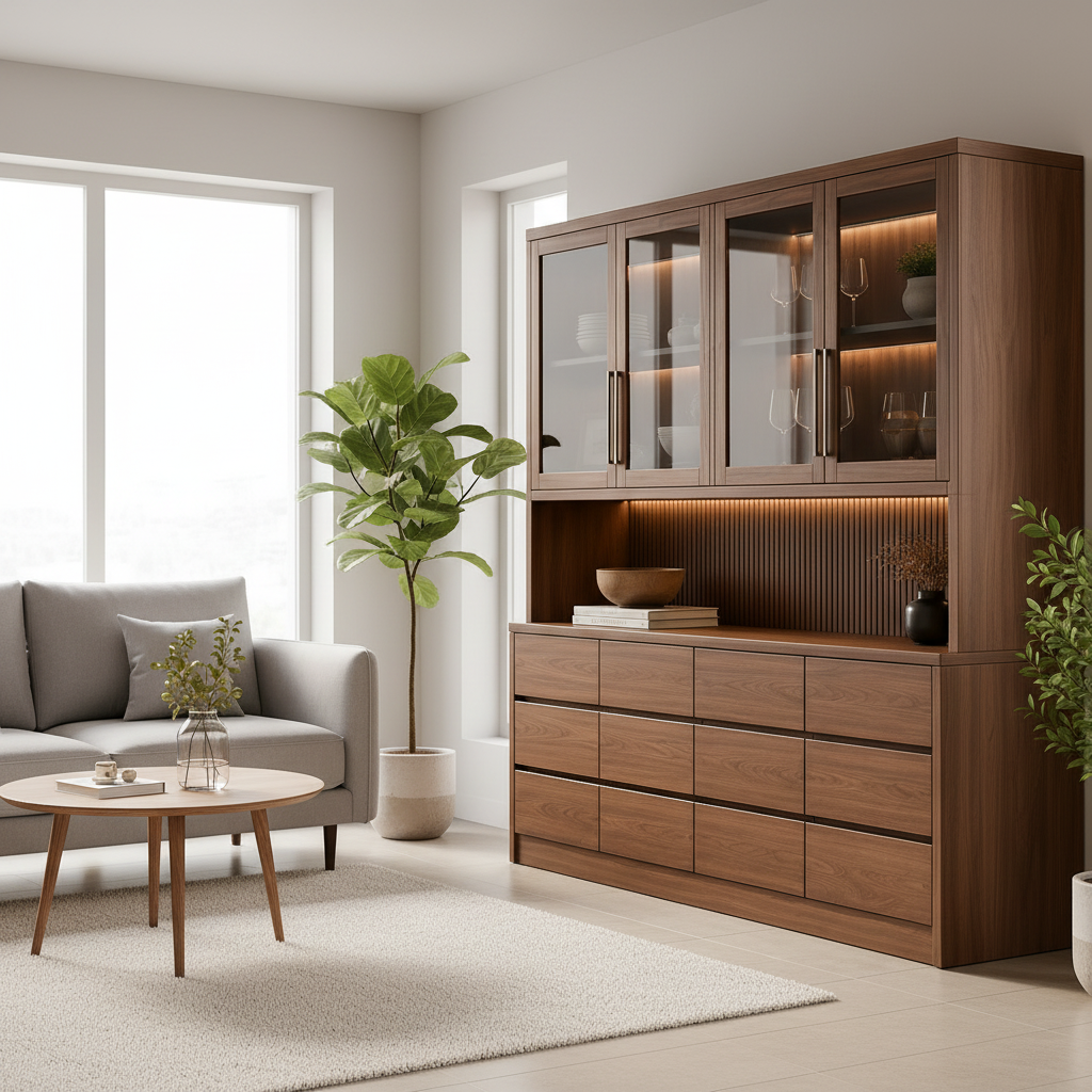Veyra Elm/Ash Display Hutch in Walnut Finish