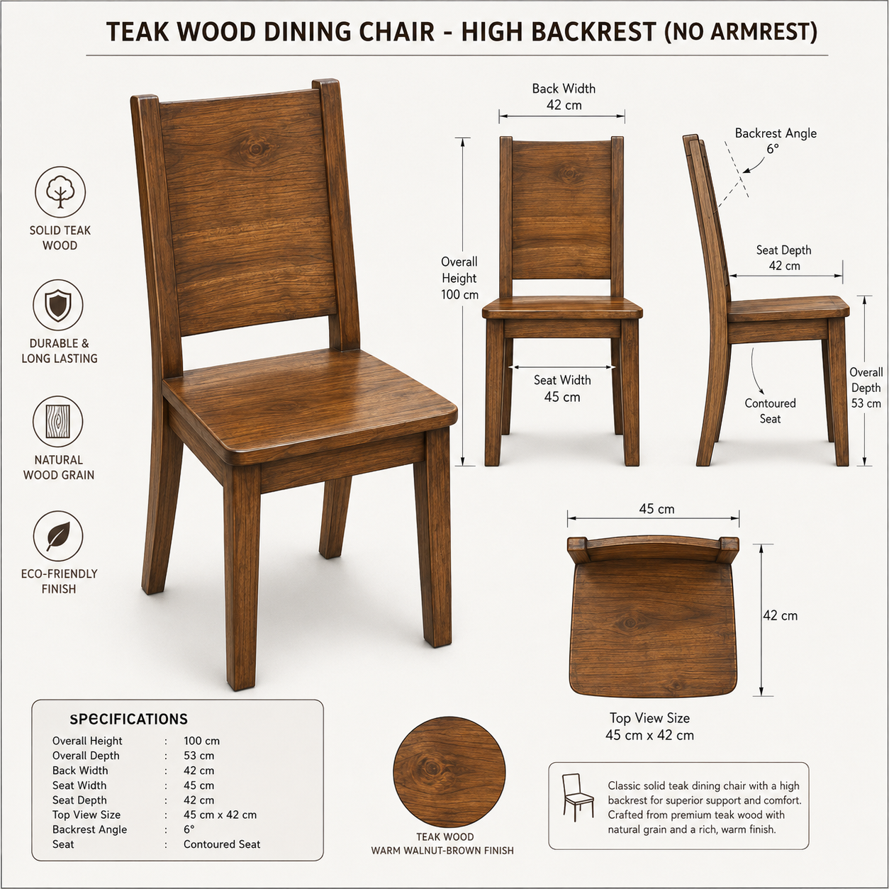 GrainVale Teak Chair - Handcrafted Solid Teak Wood Dining Chair