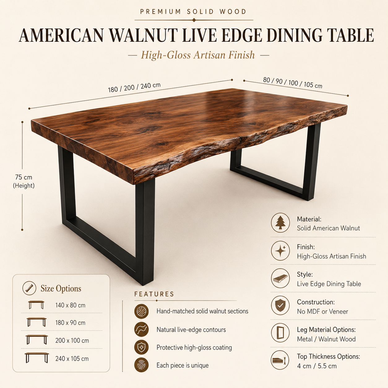 American Walnut Live Edge Dining Table - High-Gloss Artisan Finish