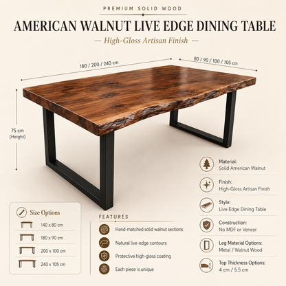 American Walnut Live Edge Dining Table - High-Gloss Artisan Finish