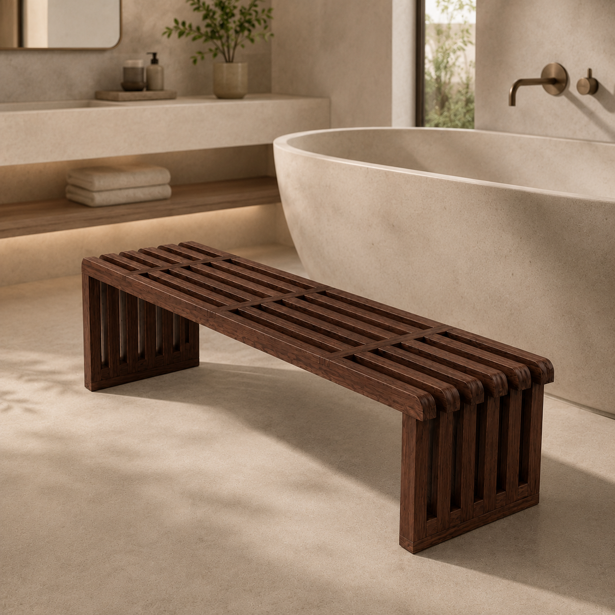 The Cascade Slat Bench - Sculptural Form, Timeless Warmth