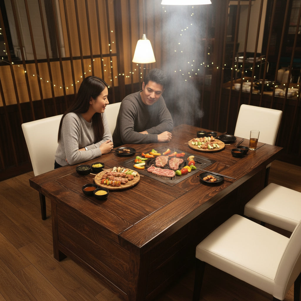 Solid Wood Korean BBQ Dining Table with Built-In Grill – Olyria Decor
