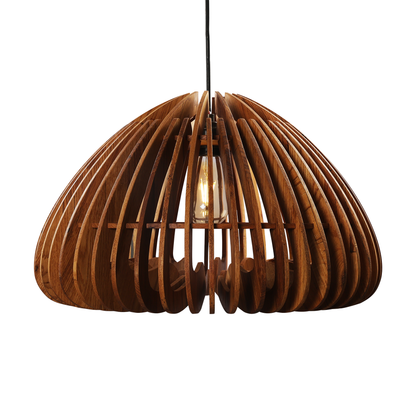 Rounded Ribbed Wooden Pendant Light