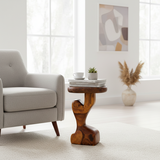 Sculpted Teak Wood Side Table - Handcrafted Organic Accent Pedestal