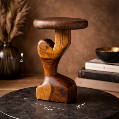 Sculpted Teak Wood Side Table - Handcrafted Organic Accent Pedestal