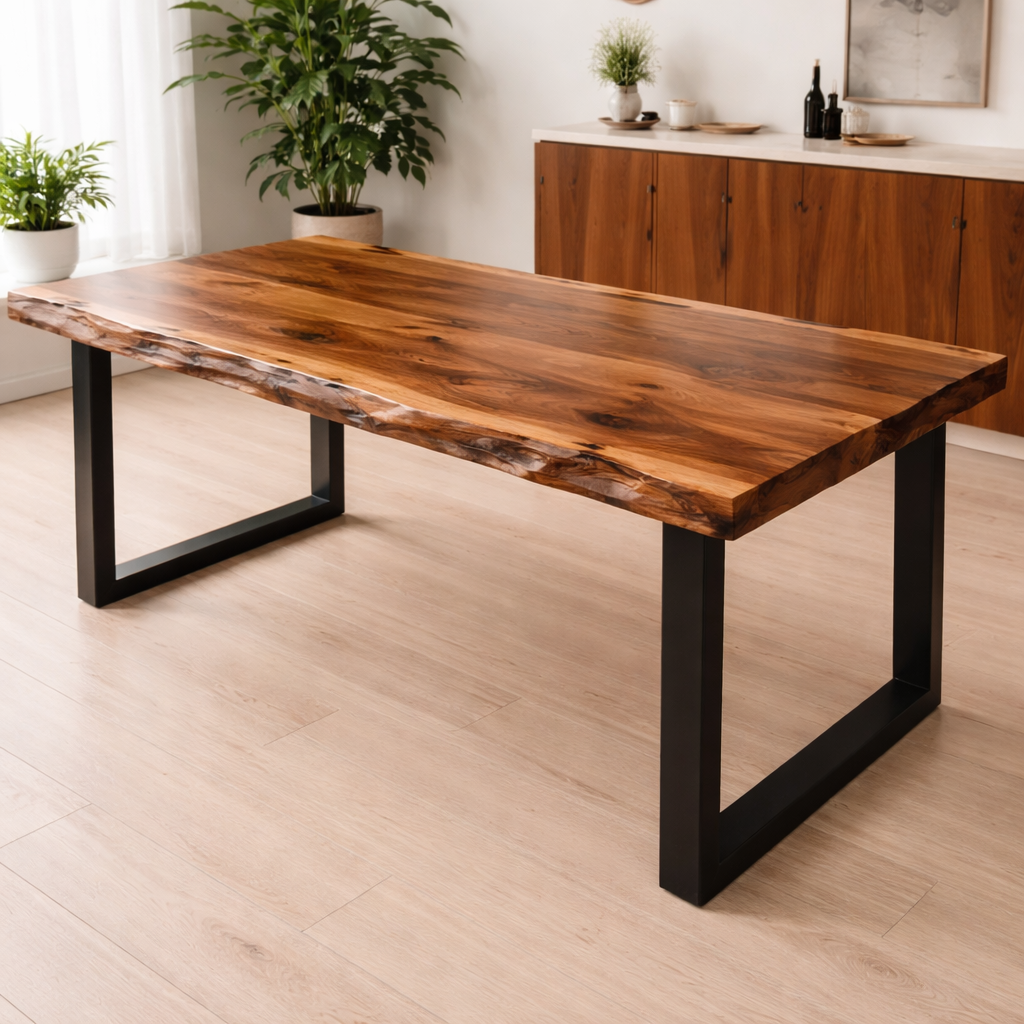American Walnut Live Edge Dining Table - High-Gloss Artisan Finish