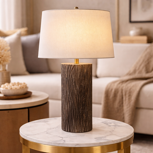 Barkline Column Table Lamp - Hand-Carved Solid Wood Statement Light
