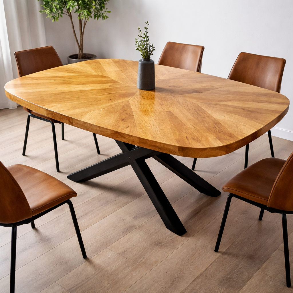 Starburst Solid Oak Dining Table – Sculpted Oval with Geometric Inlay