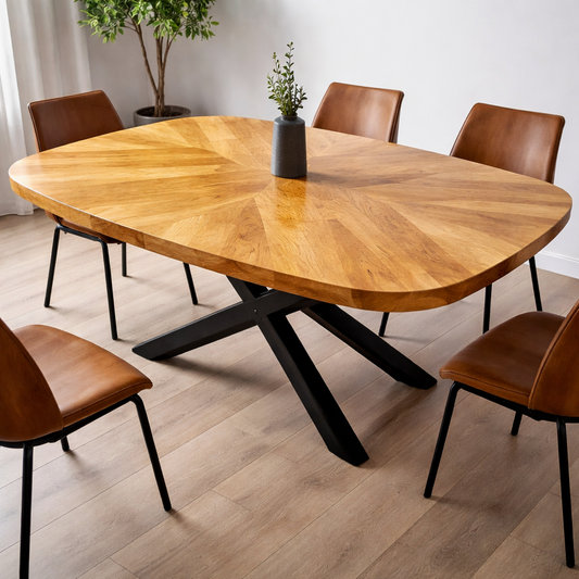 Starburst Solid Oak Dining Table – Sculpted Oval with Geometric Inlay