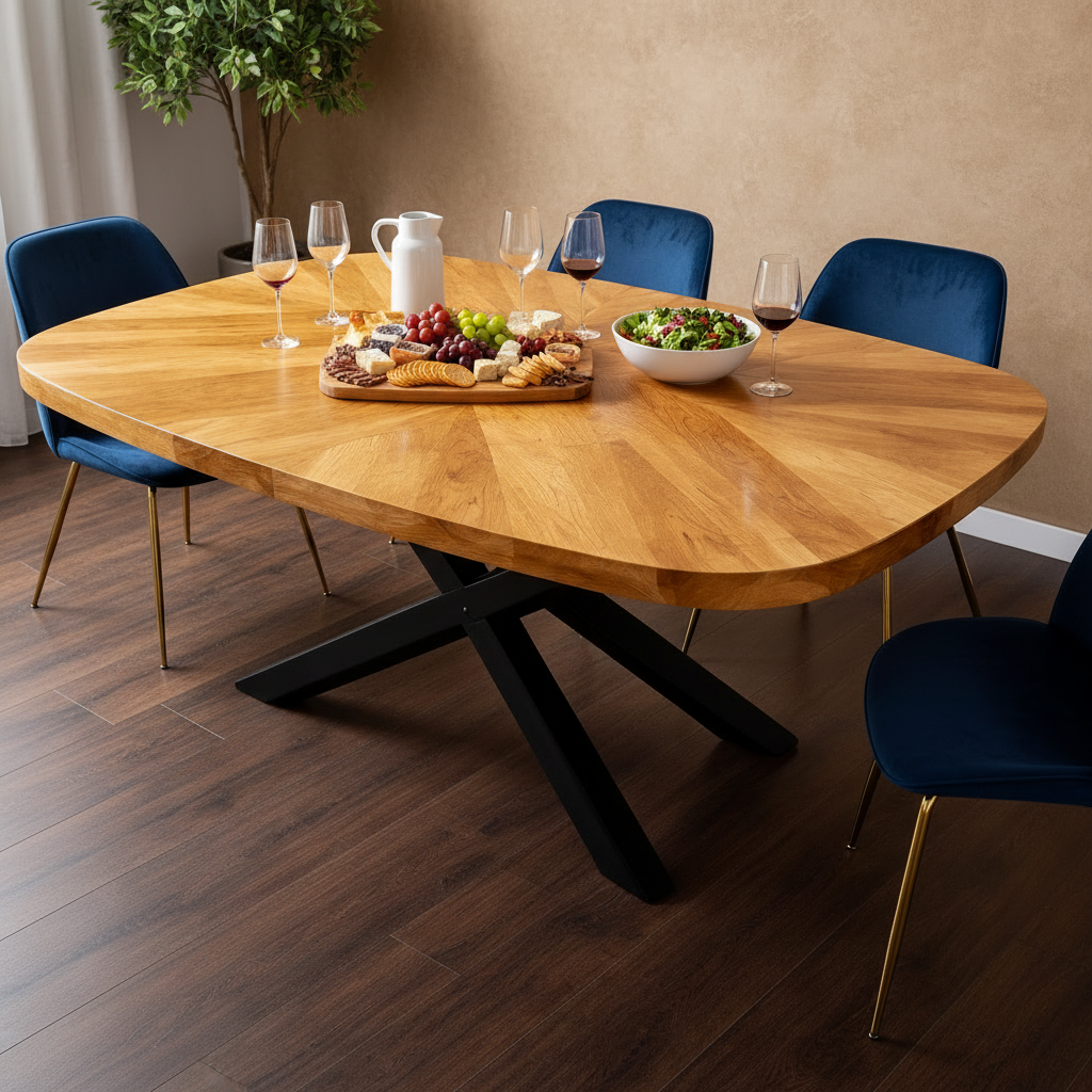 Starburst Solid Oak Dining Table – Sculpted Oval with Geometric Inlay