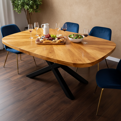 Starburst Solid Oak Dining Table – Sculpted Oval with Geometric Inlay