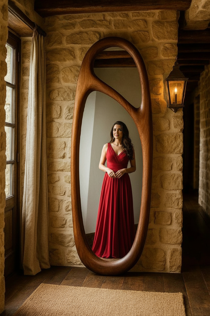 Oval wooden mirror in a stone-walled room.