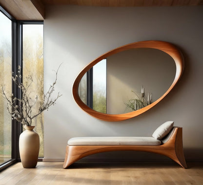 Modern interior with a wooden bench, oval mirror, and vase near a window.