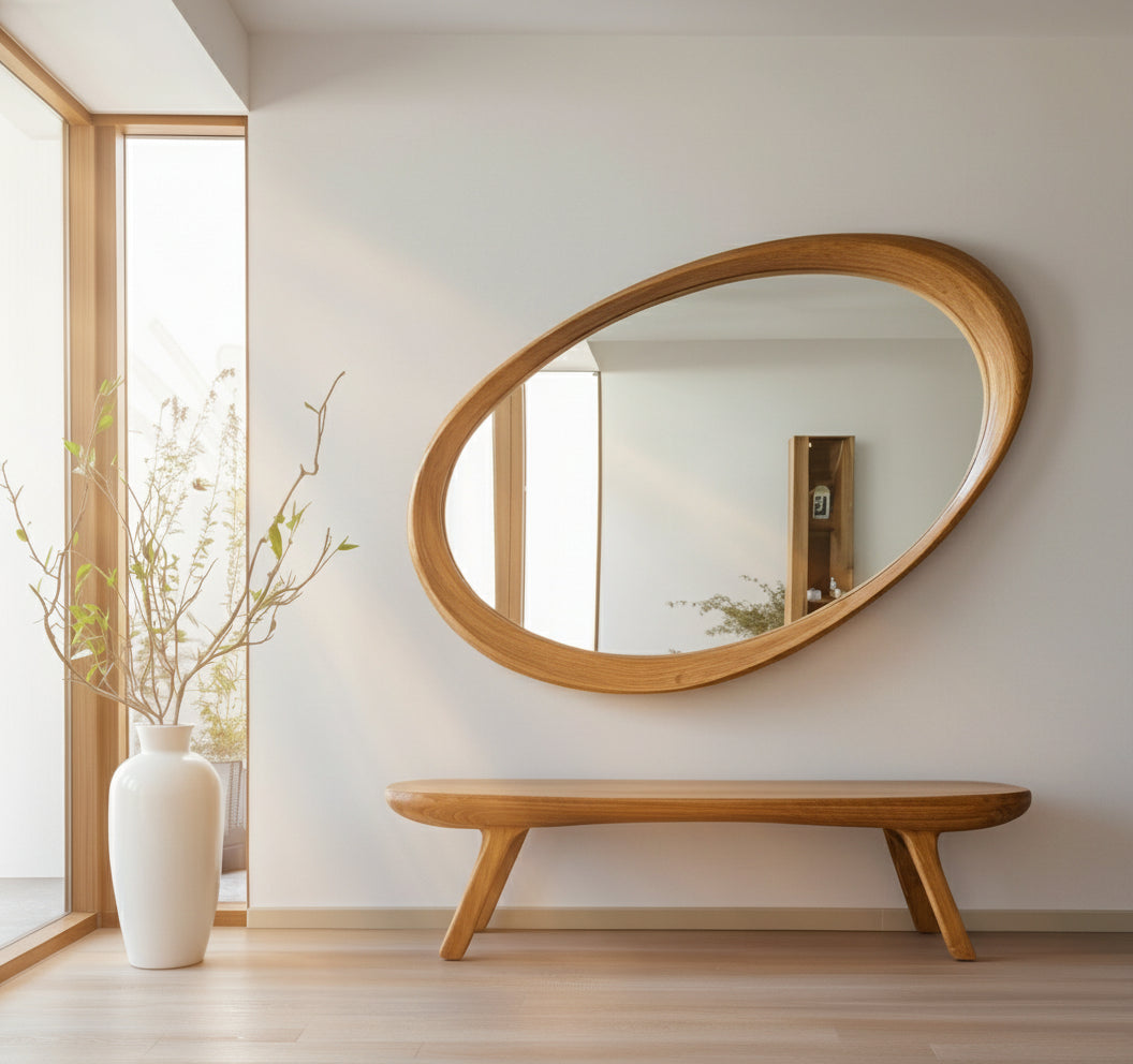 Wooden mirror and bench in a modern interior setting with a vase and plant.